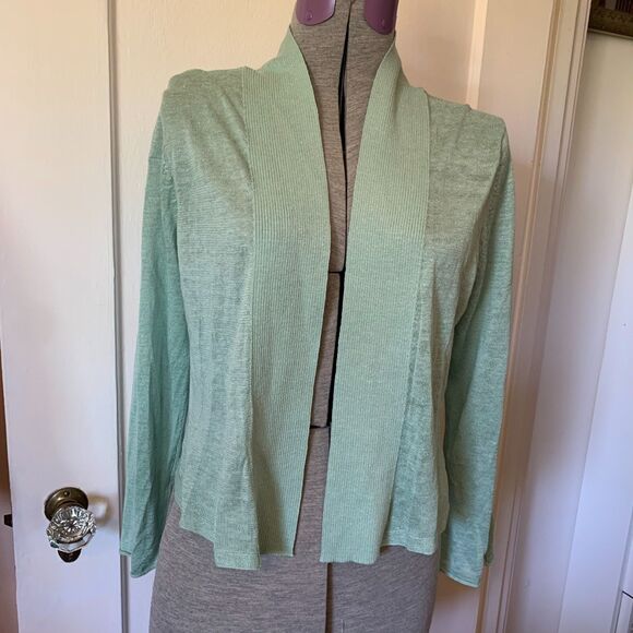 Nic + Zoe White Aqua Linen Open Front Waterfall Cardigan Sz L Crop Beachy Summer - Picture 1 of 4